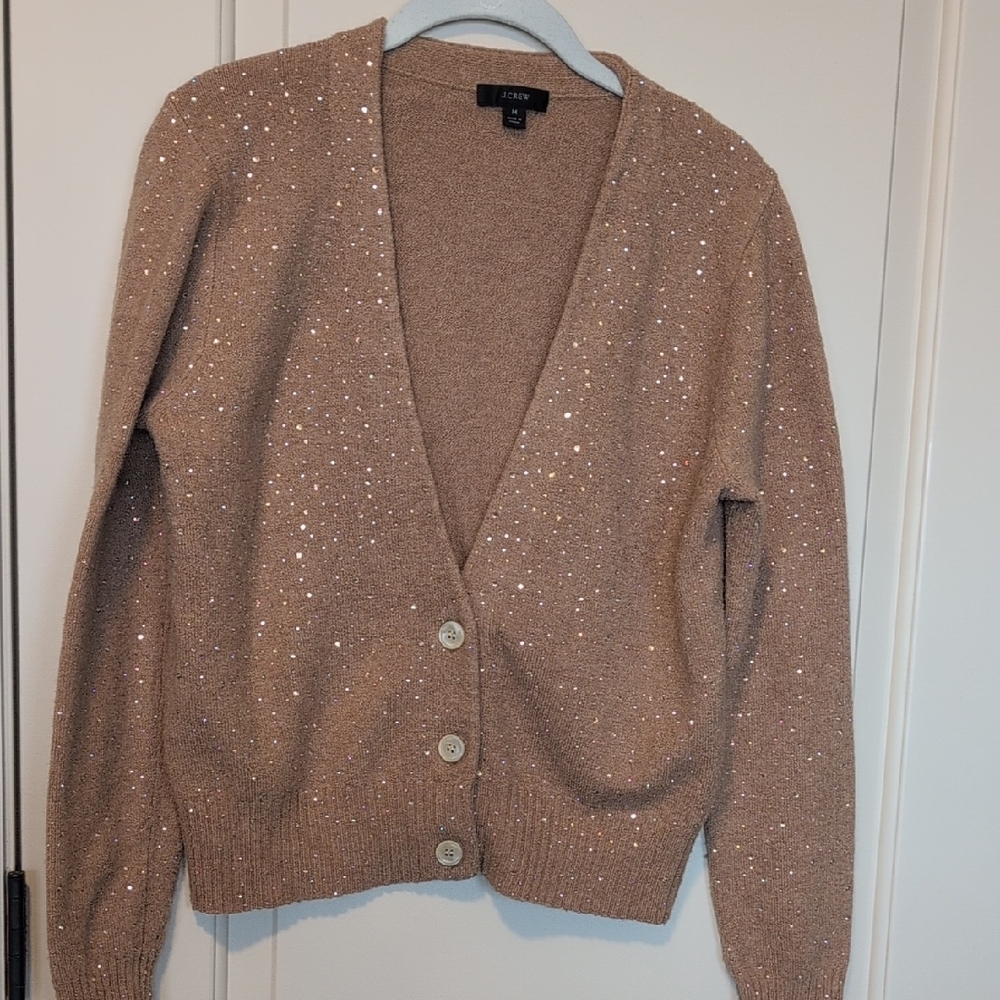 J. Crew V-neck Sparkle Cardigan in Supersoft Yarn, Heather Camel, Size M, EUC